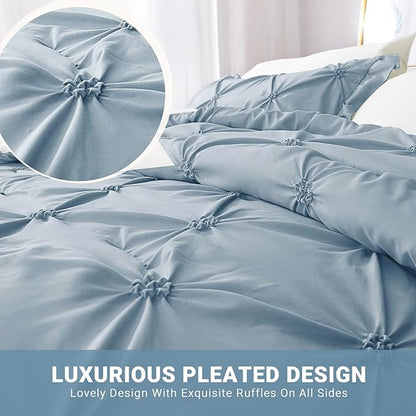 JOLLYVOGUE Light Blue/Ivory Cal King Size Comforter Sets 7 Pieces, Pintuck Bed in a Bag Comforter Set for Bedroom, Bedding Comforter Sets with Comforter, Sheets,Ruffled Shams & Pillowcases