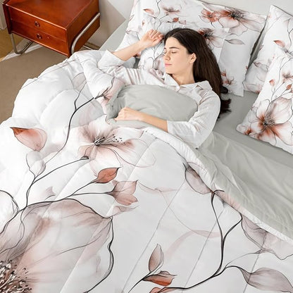 Erosebridal Light Brown Flower Twin 7 Pcs Bedding Set, Boho Floral Comforter Set with Sheets, Watercolor Flower Chic Bed Sets for Women Adults Girls, Ink Painting Style Blossom & Leaf Bed in A Bag