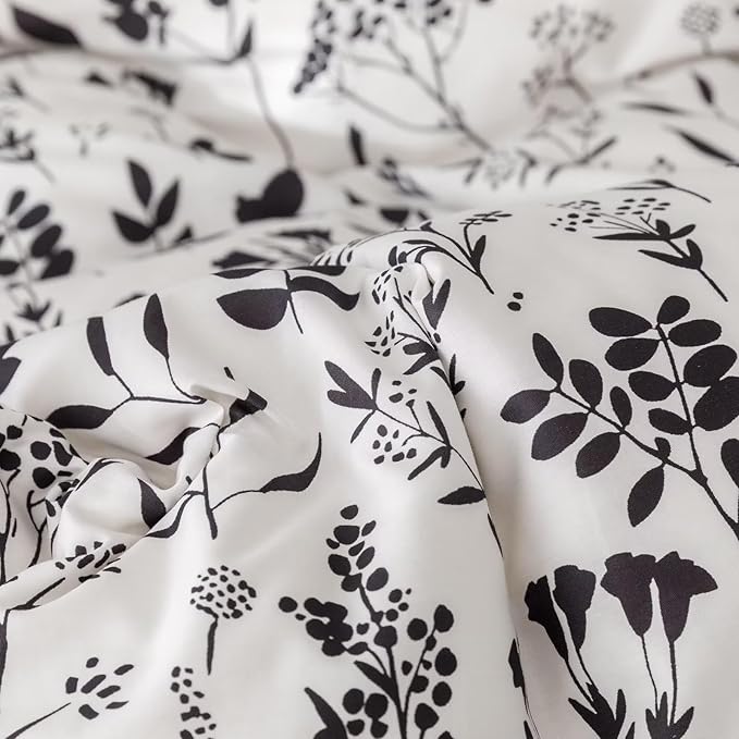KAREVER Botanical Comforter Set Cal King White Black Floral Plant Bedding Comforter Girls Garden Pattern Printed White Blanket Rustic Leaf Blossom Women White Farmhouse Comforter California King
