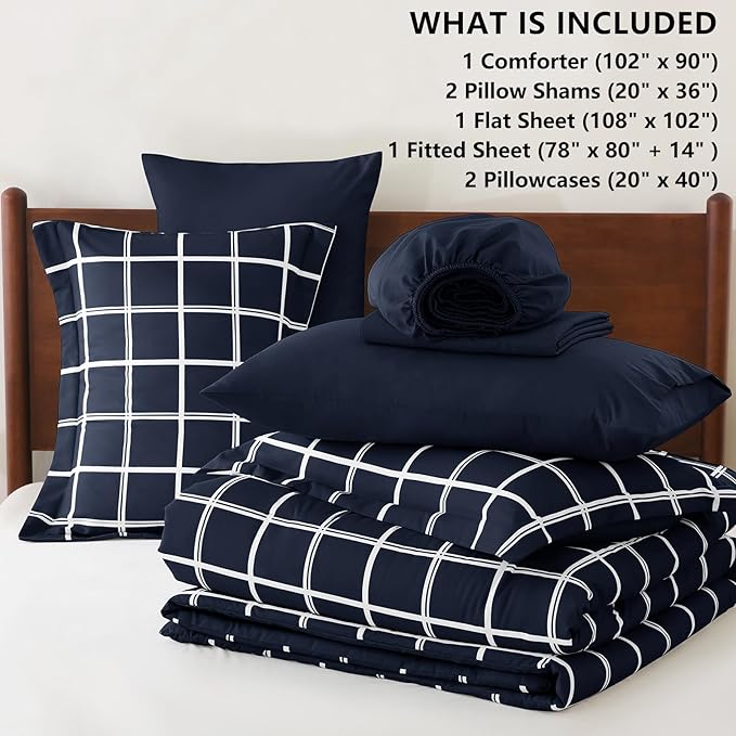 CozyLux King Size Comforter Set Navy Blue - 7 Pieces Plaid Bed in a Bag Set, Soft Bed Set King Bedding Sets with All Season Quilted Comforter, Flat Sheet, Fitted Sheet, Pillowcases & Pillow Shams