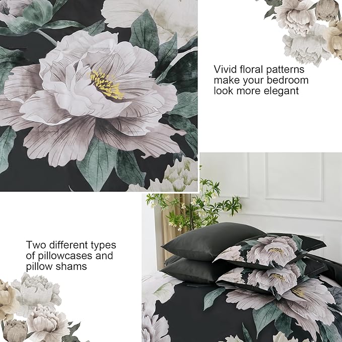 Dobuyly Black Comforter Set Queen 7 Piece Bed in a Bag, Floral Comforter Set with Sheets, Soft Microfiber Botanical Flower Bedding Set for All Season