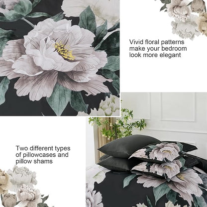 Dobuyly Black Comforter Set King Size 7 Piece Bed in a Bag, Floral Comforter Set with Sheets, Soft Microfiber Botanical Flower Bedding Set for All Season