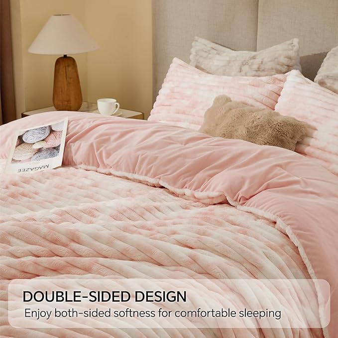 BEDELITE Fleece King Comforter Set -Super Soft & Warm Fluffy Pink&White Bedding, Luxury Fuzzy Heavy Bed Set for Winter with 2 Pillow Cases