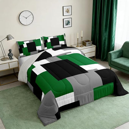 Castle Fairy Green Grey Black Kids Comforter Set,Geometric Grid Square Splicing Down Alternative Adults Room Decor,Modern Abstract Art Ultra Soft Microfiber Inner Fill 3Pcs Bedding Queen Size