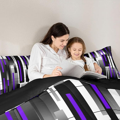 Castle Fairy Black Purple King Size Comforter Set,Kids Abstract Stripes Decor All Season Bedding Set,Teens Modern Simple Comforter,Square Grid Decor Quilt Set Bedroom Collection 3Pcs