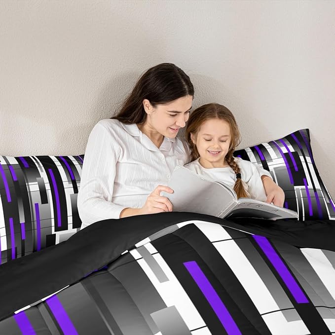 Castle Fairy Teens Black Purple Abstract Comforter Set Queen Size,Modern Bedding Set for Kids Boys Girls Bedroom Decoration,Stripes Art Bed Duvet Insert,Square Grid Comforter with 2 Pillowcases