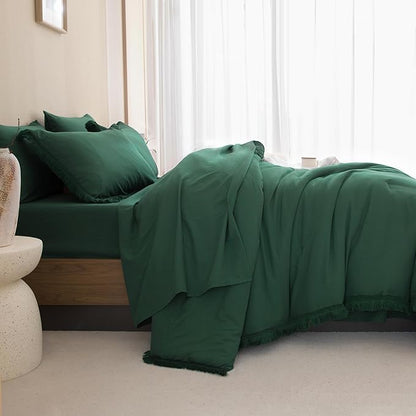 Andency California King Size Comforter Set with Sheets Emerald Green - 7 Pieces Cal King Bed in a Bag Boho Bedding Sets, Dark Green Fringe Bed Set with Comforter, Sheets, Pillowcases & Shams