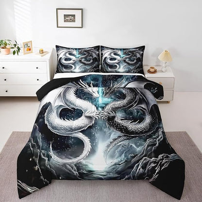 Erosebridal Dragon Toddler Size Bedding Set, West Wildlife Comforter Set for Teens Adult Youth Men Room, Ancient Animal Down Comforter for All Season, Black White