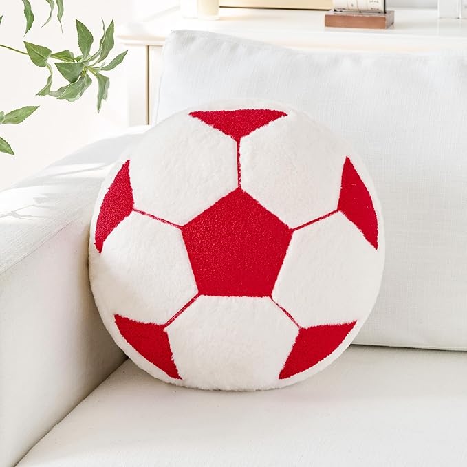 Soccer Pillow,15" Soccer Shaped Pillow Floor Cushion Seating Cushion with Faux Rabbit Fur,Round Soccer Throw Pillow Room Décor for Sofa Couch Living Room (Red)