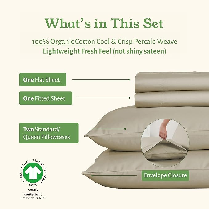 California Design Den Soft 100% Organic Cotton Bed Sheets Full Size Set - Crisp Percale Sheets with Deep Pockets, Breathable and Durable Bedding Set - Warm Taupe