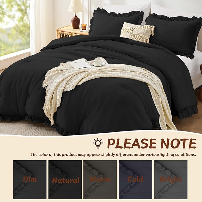 FUANNA Queen Comforter Set Black, 3 Pieces Ruffle Queen Bed Set, Fluffy Bed in a Bag Queen for All Seasons, Shabby Chic Bedding Comforter Sets with 1 Lightweight Comforter & 2 Pillowshams