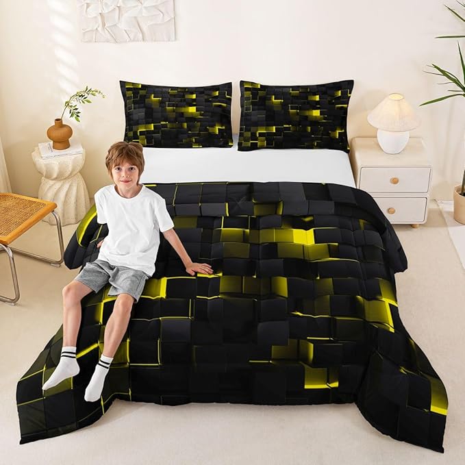 Erosebridal Black Yellow Comforter Set King Neon Geometric Checkered Bedding Set for Kids Adults Abstract Stereoscopic Grids Quilt Square Plaid Bed Set 3 Pcs Gamer Room Decor