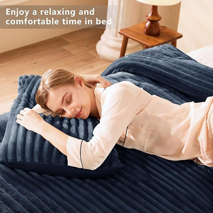 CozyLux Fluffy Queen Comforter Set - Super Soft Faux Fur Navy Blue Comforter Queen Size, Winter Warm Fleece Bedding Set, 3 Pieces Plush Fuzzy Bed Set (1 Shaggy Comforter, 2 Pillowcases)