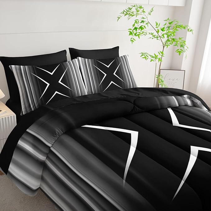 Black and White Geometric Comforter Set King Size 7Pieces,3D Abstract Mordern Printed Bedding Set for Adults,Geometric Mordern Decor All Seasons with Pillowcases,Flat, Fitted Sheet