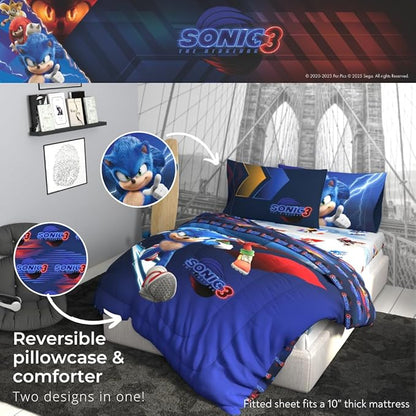 Franco Sonic The Hedgehog 3 Movie Kids Bedding Super Soft Comforter and Sheet Set, 5 Piece Full Size, (Officially Licensed Product) | Durable, Reversible, Officially Licensed