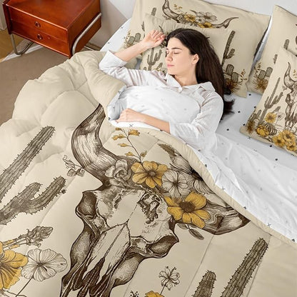Erosebridal Flower Bull Skull 7 Piece Comforter Set Twin | Brown Symbol Tribal Bed in A Bag Tropical Bed Set Ethnic Bohemian Sheet Set Reversible Antique Aztec Fitted Sheet Breathable Lightweight