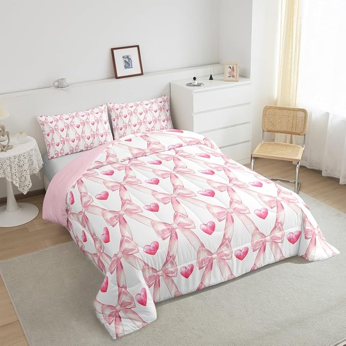 Erosebridal Bowknot Bedding Set King for Kids Girls Teen,Dreamy Princess Style Bedding Comforter Sets Pink Cute Bow Girly Geometric Comforter Set Kawaii Bow Tie Heart Duvet Insert 2 Pillow Cases