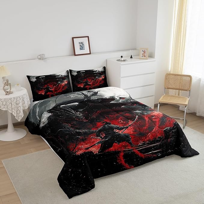 Feelyou Dragon Comforter Set Queen Size Japanese Style Comforter for Boys Girls Teens Samurai Bedding Set Dragon Decor Duvet Set Room Decor Black Red Quilt Set