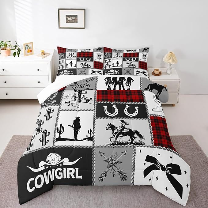 Western Cowgirl Kid Comforter Set King Size,Cactus Horseshoe Cow Skull Geometric Patchwork Bedding Set,Girls Women Room Decor,Bowknot Arrow Boho Down Comforter,Red Xmas Duvet Insert,2 Pillowcases