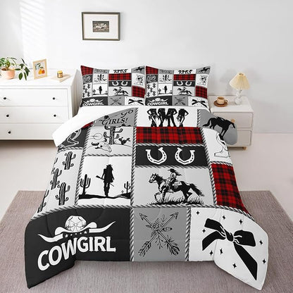 Western Cowgirl Kid Comforter Set Full Size,Cactus Horseshoe Cow Skull Geometric Patchwork Bedding Set,Girls Women Room Decor,Bowknot Arrow Boho Down Comforter,Red Xmas Duvet Insert,2 Pillowcases