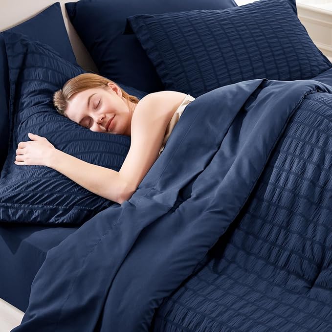 CozyLux Queen Comforter Set Navy Blue Seersucker 7 Pieces Bed in a Bag Queen Comforter Set with Sheets Luxury Soft Bedding Set with Down Alternative Comforter, Sheets, Pillowcases & Shams All Seasons