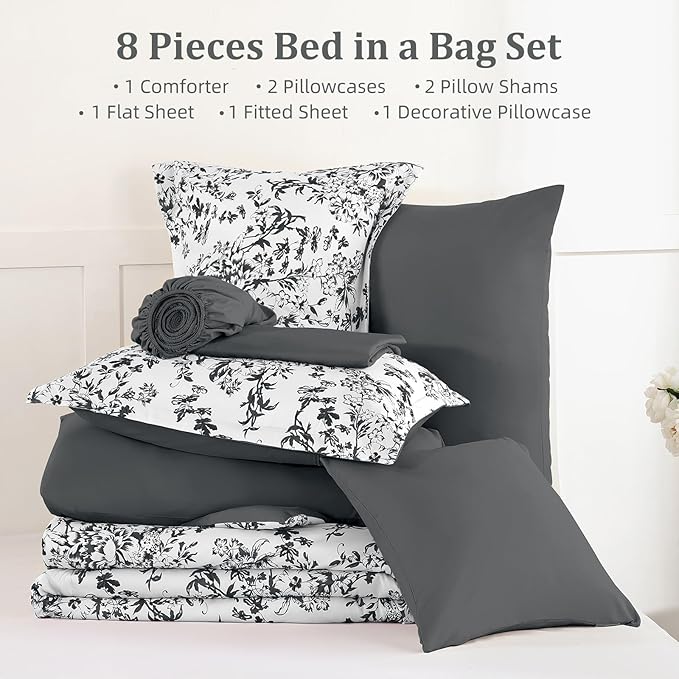 WONGS BEDDING Comforter Set Queen, 8 Pieces Black Gray Floral Botanical Plants Print Comforter, Soft Fluffy Microfiber Complete Bed in a Bag Bedding Sets for All Season (90"x90")