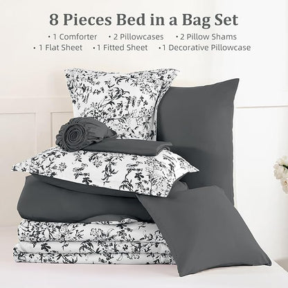 WONGS BEDDING Comforter Set Queen, 8 Pieces Black Gray Floral Botanical Plants Print Comforter, Soft Fluffy Microfiber Complete Bed in a Bag Bedding Sets for All Season (90"x90")