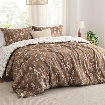 Bedsure Queen Comforter Set - Brown Bed Set, 3 Pieces Cute Floral Bedding, 1 Soft Reversible Botanical Flowers Comforter and 2 Pillow Shams