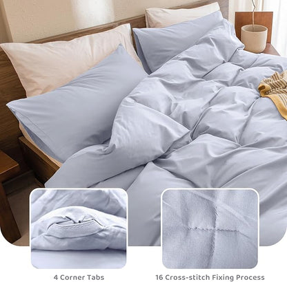 Sanracie Cotton Comforter Set Queen,Linen Like Textured Bedding Comforter for Queen Size Bed 3pcs(1 Solid Comforter Cornflower Blue and 2 Pillowcases) Soft Lightweight Bedding Set