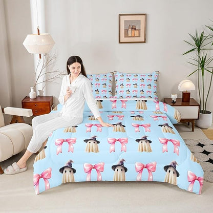 Erosebridal Halloween Ghost Bedding Set Full, Ghost with Wizard Hat Pink Bow Comforter Set, Cute Blue Spooky Comforter for Kid Boys Girls Teens Women Kawaii Room Decor, Halloween Decorations Quilt