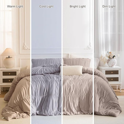 Masaca Oversized King Comforter(120"x98"),Taupe Ruched Ruffle California King Comforter Set,3 Pieces Lightweight Extra Large Farmhouse Shabby Boho Chic French Country Bedding Set
