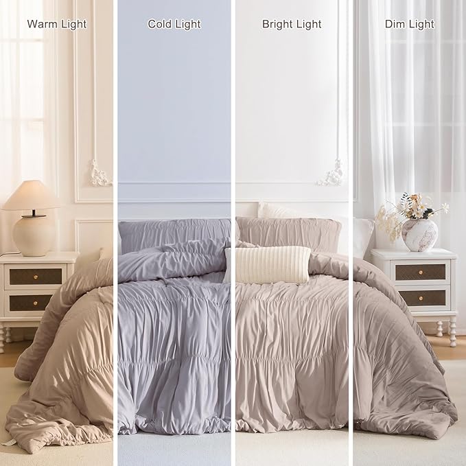 Masaca Ruched Comforter Set Queen,3 Pieces Farmhouse Shabby Boho Chic Ruffle Bedding Comforters & Sets Lightweight Ultra Soft Taupe French Country Vintage Queen Bedding Set for All Season