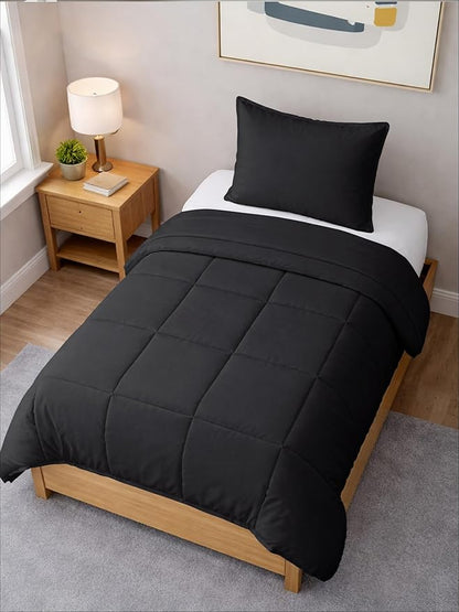 Twin XL Comforter Set - 2 Piece Bed Set for All Seasons - 1 Soft Quilted Comforter with Corner Tabs & 1 Pillow Sham - Comfy & Breathable - Premium Down Duvet Insert - Oeko-TEX - Twin XL Size, Black