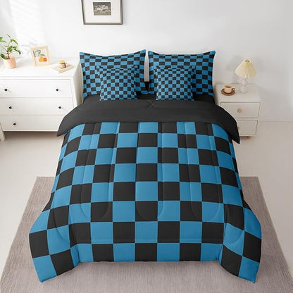 Feelyou Checkered 7 Piece Bedding Set Teen Blue Black Plaid Comforter Set with Sheets Full Size Kids Boys Cute Retro Neutral Checkerboard Geometric Bed in a Bag Vintage Aesthetic Room Decor