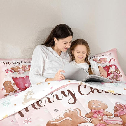 Gingerbread Men Comforter Set Twin Size,Candy Coffee Bedding Sets 2Pcs for Kids Girls Boys Women Room Decor,Pink Bowknot Duvet Insert Pink Christmas Down Comforter,1 Pillowcase