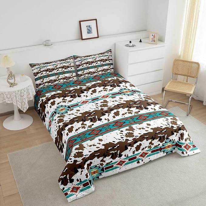 Feelyou Green Southwestern Bedding Set Toddler Size Cow Print Comforter Set Geometric Tribal Native American Indian Design Comforter Decor Exotic Style Stripe Line Duvet Set