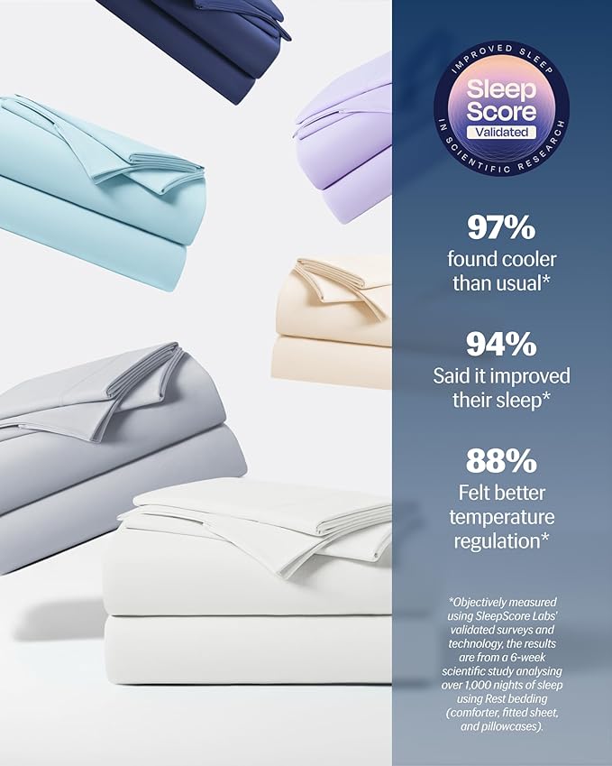 REST® Evercool®+ Starter Sheet Set, King, White, Breathable Bed Sheets for Hot Sleeper and Night Sweats, with Pillowcases, with Ionic+ Self-Cleaning Silver Yarn for Sensitive Skin, 3PCS No Flat Sheet