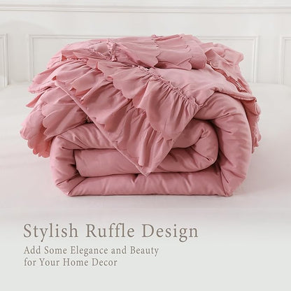 Herside Bean Pink Ruffle Comforter Set King Size,Shabby Chic Boho Bedding Sets, Soft Fluffy Comforters Sets for All Season,Vintage Ruffled 3 Pcs Microfiber Lightweight Quilt Set for Women Girls