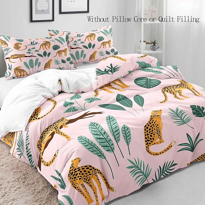 LUVIVIHOME 2PCS Leopard Duvet Cover Twin Bedding Sets, Boho Aesthetic Palm Leaf Monstera Plant Cactus Botanical Tropical Jungle Safari Animals Cheetah Print Light Pink Comforter Cover, 1 Pillow Case
