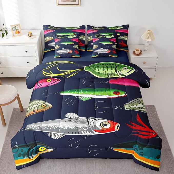 Feelyou Fish Comforter Set King Size 7 Pcs Rustic Lake Fishing Comforter Bed in a Bag Cabin Lodge Bedding Set for Boys Girls Fish Hook Bait Bed Set with Sheets, Pillowcases, Pillow Covers