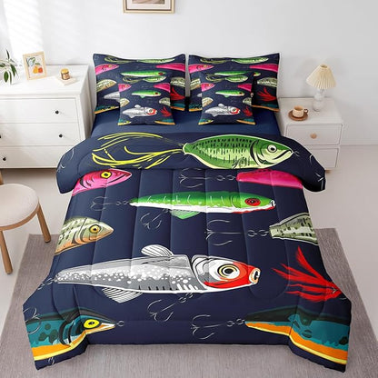 Feelyou Fish Comforter Set King Size 7 Pcs Rustic Lake Fishing Comforter Bed in a Bag Cabin Lodge Bedding Set for Boys Girls Fish Hook Bait Bed Set with Sheets, Pillowcases, Pillow Covers