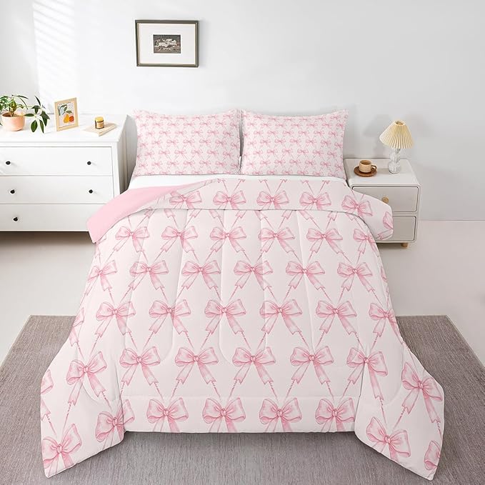 Feelyou Bow Comforter Set Full Size Pink Girls Bow Bedding Set Boys Girls Cute Bowknot Comforter for Kids Women Men Kawaii Duvet Set Bow and Stripes Quilt Set 3Pcs