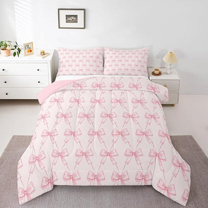 Feelyou Bow Comforter Set Full Size Pink Girls Bow Bedding Set Boys Girls Cute Bowknot Comforter for Kids Women Men Kawaii Duvet Set Bow and Stripes Quilt Set 3Pcs