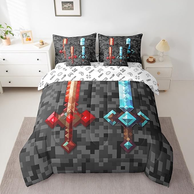 Red Blue Sword Bedding Set King,Sandbox Building Games 7Pcs Comforter Set for Kids Boys Teens Men Room Decor,Pixelated Style Swords Fitted Flat Sheet Grey Black Camo 2 Throw Pillow,2 Pillowcases