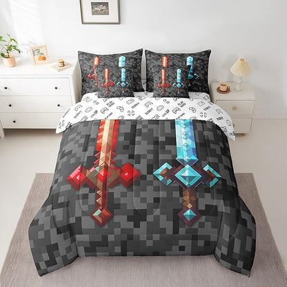 Red Blue Sword Bedding Sets Twin,Sandbox Building Games 7Pcs Comforter Set for Kids Boys Teens Men Room Decor,Pixelated Style Swords Fitted Flat Sheet Grey Black Camo 2 Throw Pillow,2 Pillowcases