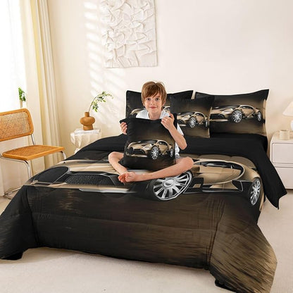 Feelyou Sports Car 7 Piece Bedding Set Brown Race Car Comforter Set with Sheets for Kids Boys Girls Extreme Sports Bed in a Bag Cool Speed Luxury Car Decor Quilt with 2 Pillowcases King