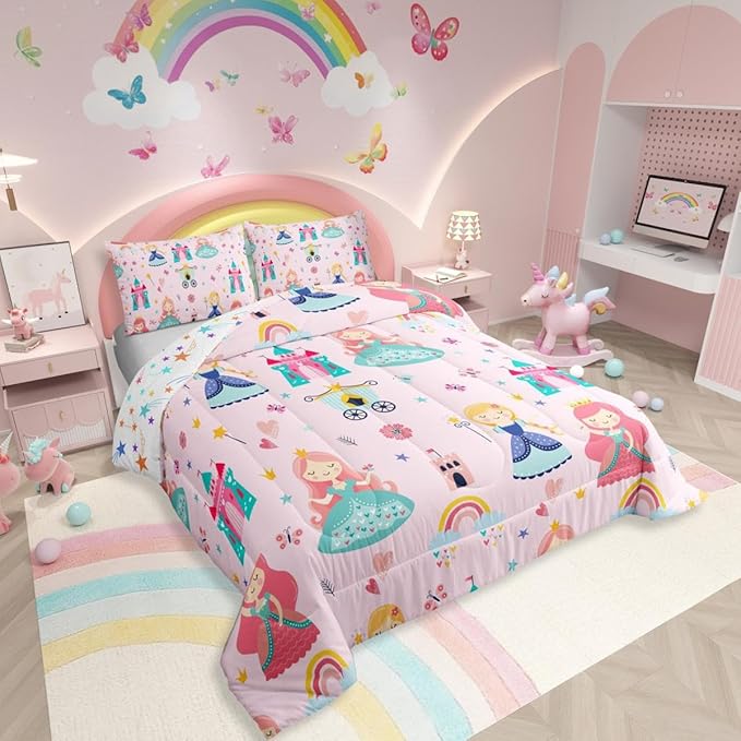 Erosebridal Kids Pink Princess Comforter Set Dreamy Fairy Tales Castle Girls Queen Bedding Set Cartoon Rainbow Down Comforter for Teen Women Bedroom Decor,Magical Carriage Princess Bed Set