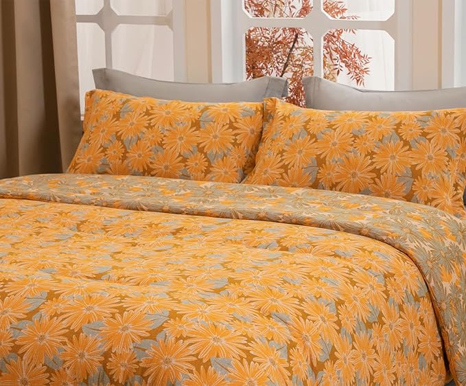 SLEEPBELLA Washed Double Layer Muslin 100% Cotton Comforter Set King Size, Yellow & Blue Sunflower Pattern Fluffy Thick Checked Bedding Set, Soft Breathable (1 Comforter, 2 Pillow Shams)