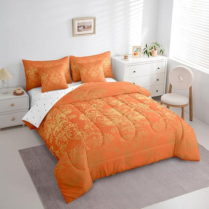 Erosebridal Gothic Damask Comforter Set 7 Piece Bed in a Bag Twin,Exotic Moth Bedding Sets Orange and Yellow Victorian Floral Goth Sheet Set with Comforter