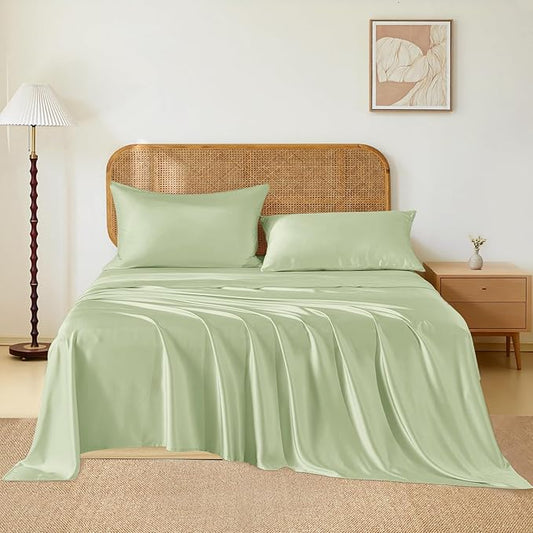 THXSILK Luxury Mulberry Silk Bed Sheets Set - 3pcs Silk Sheets Set 16" Deep Pocket - 1 Fitted Sheet, 1 Flat Sheet, 1 Pillowcase with Zipper Closure - Twin, Mint Green